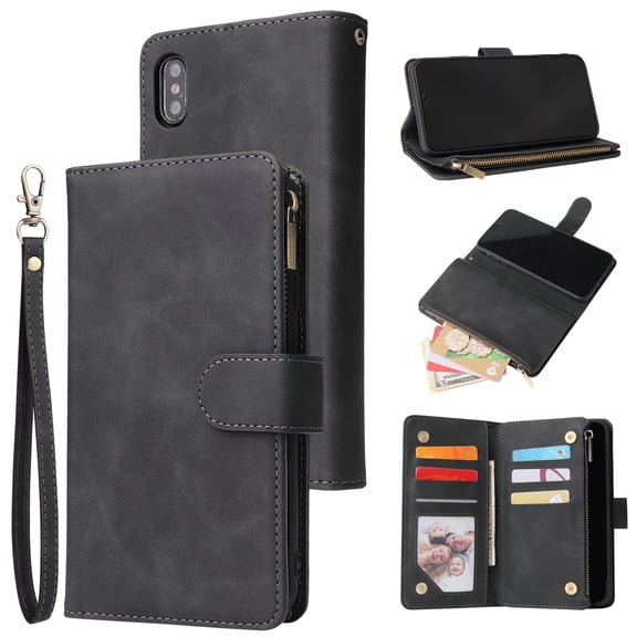 iPhone XS Wallet Case, iPhone X Case,Dteck Soft Leather Zipper Wallet Case Magnetic Buckle Horizontal Flip Cover with 5 Card Slots/Photo Pocks For Apple iPhone XS/X 5.8 inch 2018, Black