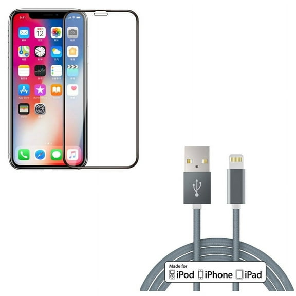 iPhone XS/X - 10ft MFi USB Cable w Tempered Glass Screen Protector - Certified Charger Cord Power Wire Braided Long, 5D Touch Curved Edge Full Cover Bubble Free Case Friendly 9H Hardness