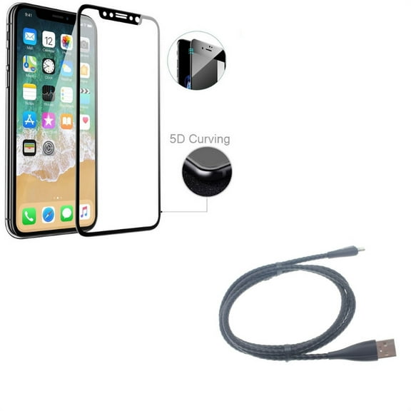 iPhone XS/X - 3ft Metal USB Cable w Tempered Glass Screen Protector - Charger Cord Power Wire Braided Sync Fast Charge, 5D Touch Curved Edge Full Cover Bubble Free Case Friendly 9H Hardness