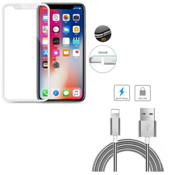iPhone XS/X - 3ft Metal USB Cable w Tempered Glass Screen Protector - Charger Cord Power Wire Sync Fast Charge Data, 5D Touch Curved Edge Full Cover Bubble Free Case Friendly 9H Hardness