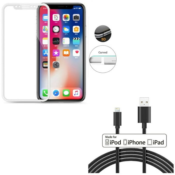iPhone XS/X - 6ft MFi USB Cable w Tempered Glass Screen Protector - Certified Charger Cord Power Wire Braided Long, 5D Touch Curved Edge Full Cover Bubble Free Case Friendly 9H Hardness