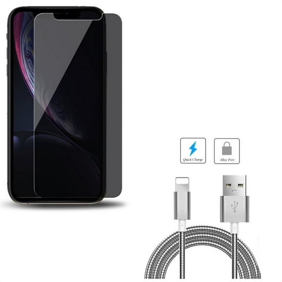 iPhone XS/X - 6ft Metal USB Cable w Tempered Glass Privacy Screen Protector - Charger Cord Power Wire Long Sync Fast Charge, Curved Anti-Spy Anti-Peep 3D Edge Case Friendly
