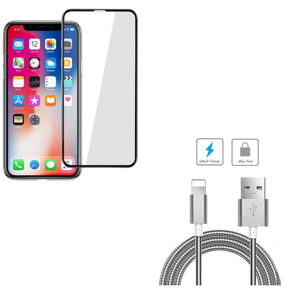 iPhone XS/X - 6ft Metal USB Cable w Tempered Glass Screen Protector - Charger Cord Power Wire Long Sync Fast Charge, 5D Touch Curved Edge Full Cover Bubble Free Case Friendly 9H Hardness