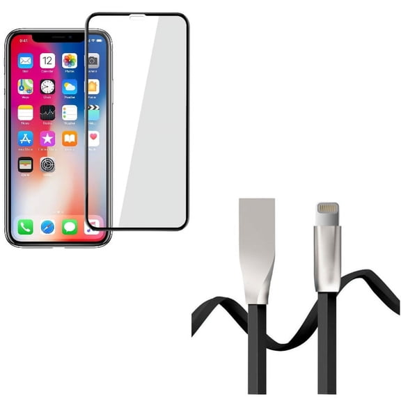 iPhone XS/X - 6ft USB Cable w Tempered Glass Screen Protector - Flat Charger Cord Power Wire Sync Zinc Alloy, 5D Touch Curved Edge Full Cover Bubble Free Case Friendly 9H Hardness