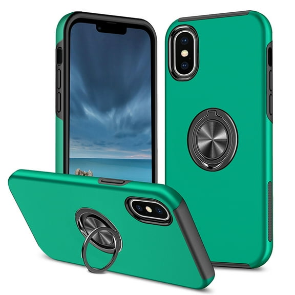 for iPhone XS / X Case, 360° Rotatable Ring Holder Kickstand Dual Layer Military-Grade Drop Tested Protection Support Car Holder Mount Magnetic Absorbing Bumper Phone Case, Darkgreen