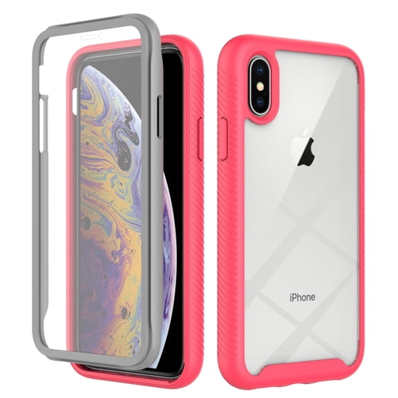 For iPhone XS/X Case with Built-in Screen Protector,Full Protection Rugged Drop Shockproof Rubber Hybrid Anti-Scratch Crystal Clear Phone Case for Apple iPhone XS/X 5.8",Pink