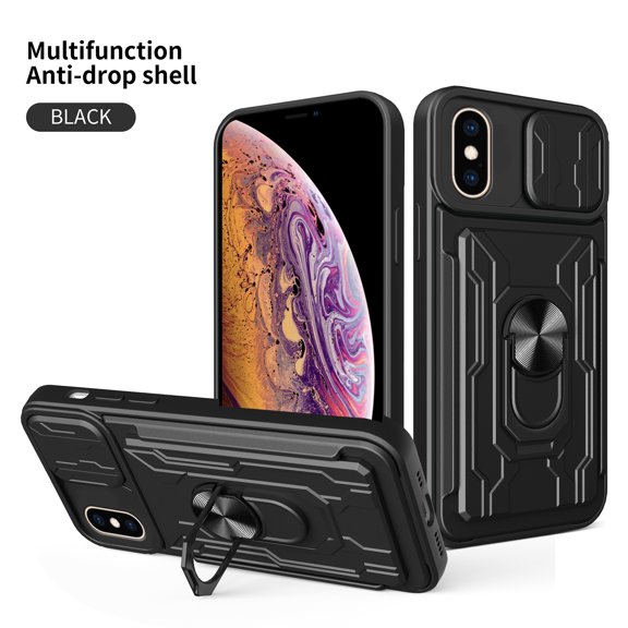 for iPhone XS / X Case with Camera Lens Slide Cover, Detachable Card Slot Holder Ring Kickstand, Support Magnet Car Mount, Heavy Duty Military Grade Protection Cover for iPhone XS / X, Black