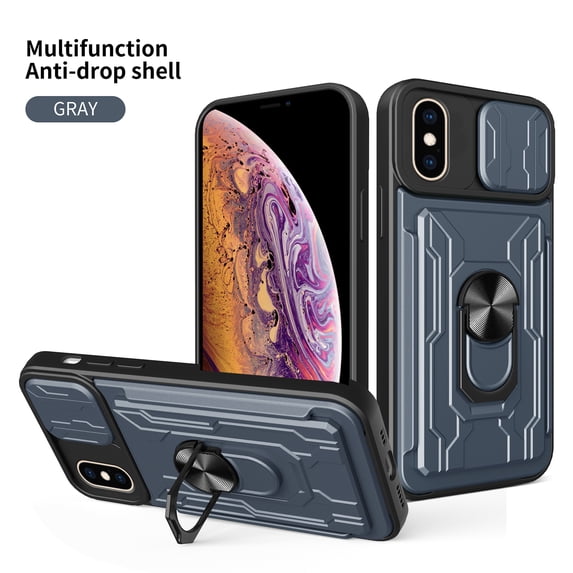 for iPhone XS / X Case with Camera Lens Slide Cover, Detachable Card Slot Holder Ring Kickstand, Support Magnet Car Mount, Heavy Duty Military Grade Protection Cover for iPhone XS / X, Gray