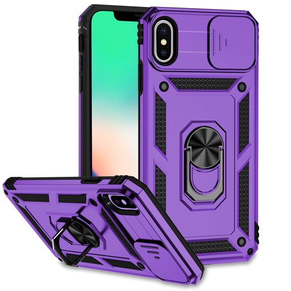 for iPhone XS / X Case Heavy Duty Military Grade Protection,Camera Lens Slide Protection & 360°Rotate Magnetic Car Mount Holder Kickstand Rugged Shockproof Drop Hard Shell,Purple