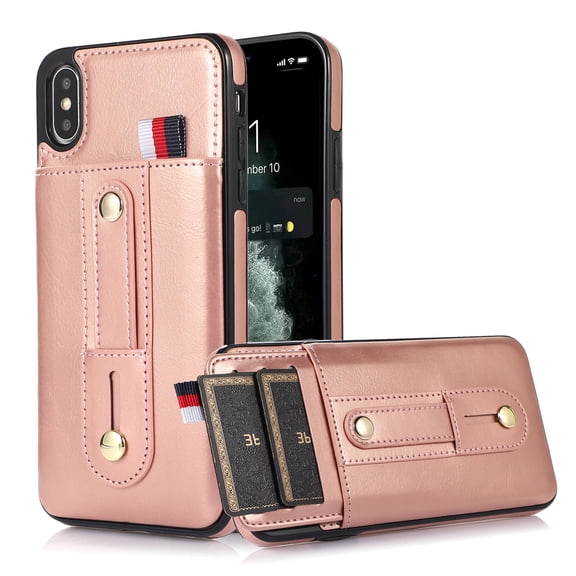 for iPhone XS/X Case, Lightweight Premium PU Leather iPhone XS/X Wallet Case with Card Holders Protective Case for iPhone XS/X Adjustable Stand,Rosegold