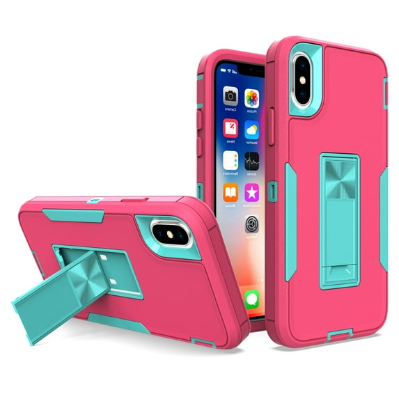 for iPhone XS / X Case: Military Grade Protection Shockproof Phone Cover Build-in Hidden Kickstand & Rugged TPU Shell | Matte Durable Drop Proof Heavy Duty Case,Rose+Green