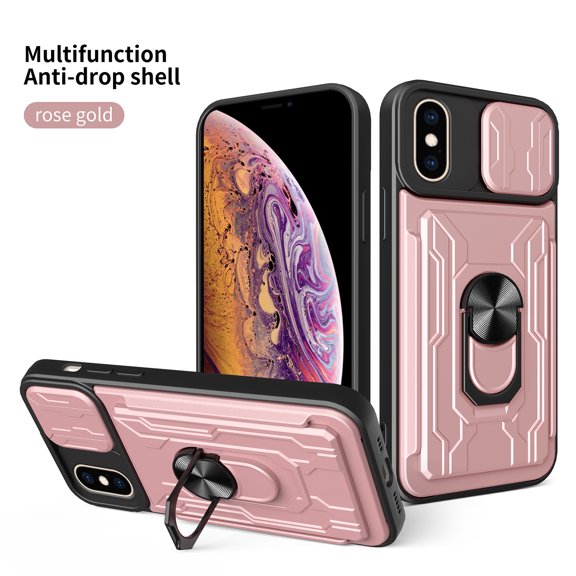 for iPhone XS / X Case with Slide Camera Cover, Detachable Card Slot Holder Ring Kickstand, Support Magnet Car Mount, Heavy Duty Military Grade Protection Cover for iPhone XS / X, Rosegold
