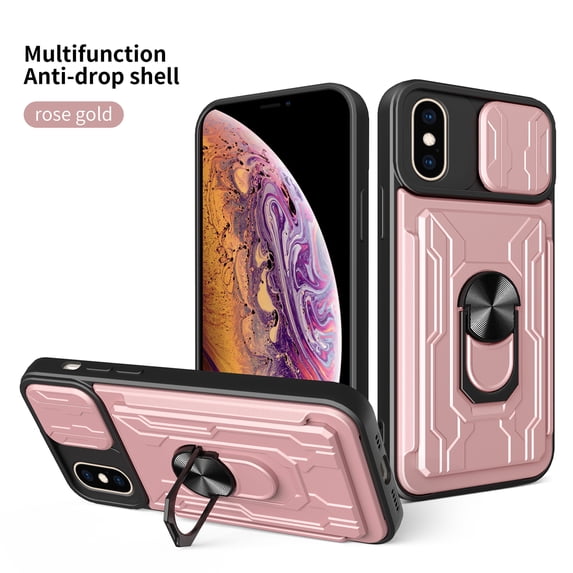for iPhone XS / X Case with Slide Camera Cover, Detachable Card Slot Holder Ring Kickstand, Support Magnet Car Mount, Heavy Duty Military Grade Protection Cover for iPhone XS / X, Rosegold