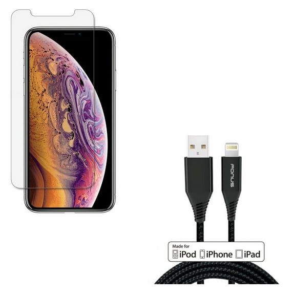 iPhone XS/X - Certified 6ft MFi USB Cable w Anti-Glare Screen Protector - Charger Cord Power Wire Braided Long Fast Charge, Tempered Glass Matte 3D Curved Edge Anti-Fingerprint Case Friendly