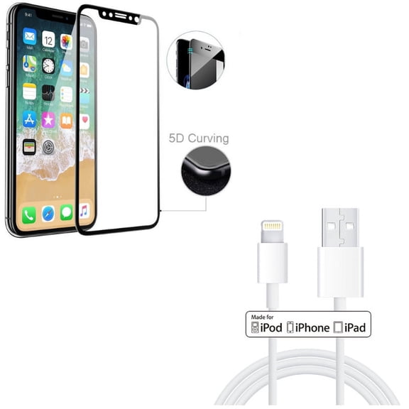 iPhone XS/X - Certified 6ft MFi USB Cable w Tempered Glass Screen Protector - Charger Cord Power Wire Sync Long Fast Charge, 5D Touch Curved Edge Full Cover Bubble Free Case Friendly 9H Hardness