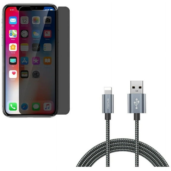 iPhone XS/X - Charger Cord 10ft USB Cable w Tempered Glass Privacy Screen Protector - Power Wire Braided Long Sync Fast Charge, Curved Anti-Spy Anti-Peep 3D Edge Case Friendly