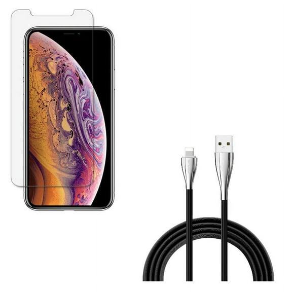 iPhone XS/X - Charger Cord 6ft USB Cable w Anti-Glare Screen Protector - Power Wire Long Sync Fast Charge Data, Tempered Glass Matte 3D Curved Edge Anti-Fingerprint Case Friendly