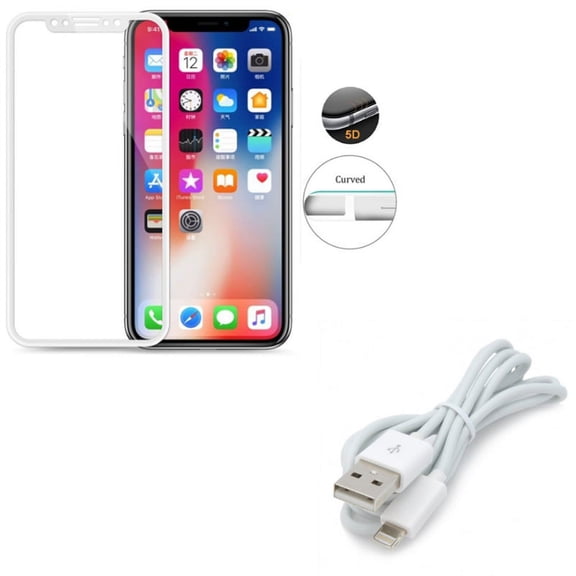 iPhone XS/X - Charger Cord USB Cable w Tempered Glass Screen Protector - Power Wire Sync Fast Charge Data High Speed, 5D Touch Curved Edge Full Cover Bubble Free Case Friendly 9H Hardness