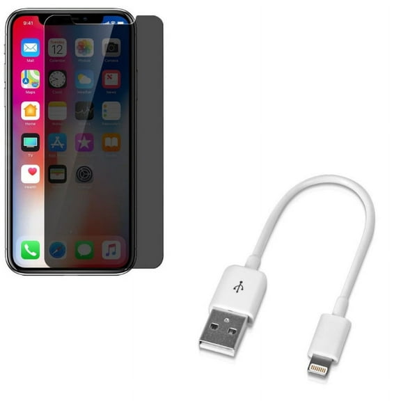 iPhone XS/X - Charger Short USB Cable w Tempered Glass Privacy Screen Protector - Cord Power Wire Fast Charge Sync White, Curved Anti-Spy Anti-Peep 3D Edge Case Friendly