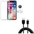 thumbnail image 1 of iPhone XS/X - Coiled USB Cable w Tempered Glass Screen Protector - Charger Cord Power Sync Wire Black, 5D Touch Curved Edge Full Cover Bubble Free Case Friendly 9H Hardness, 1 of 9