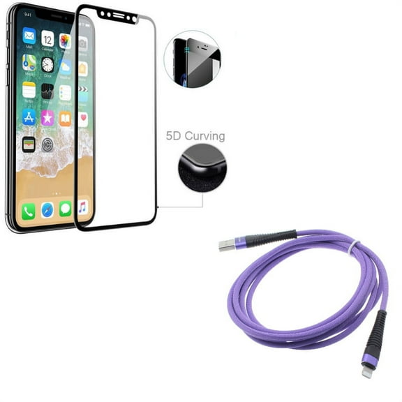 iPhone XS/X - Purple 6ft USB Cable w Tempered Glass Screen Protector - Charger Cord Power Wire Braided Long Sync, 5D Touch Curved Edge Full Cover Bubble Free Case Friendly 9H Hardness