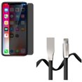 thumbnail image 1 of iPhone XS/X - Tempered Glass Privacy Screen Protector w 6ft USB Cable - Curved Anti-Spy Anti-Peep 3D Edge Case Friendly, Flat Charger Cord Power Wire Sync Zinc Alloy, 1 of 11
