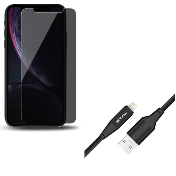 iPhone XS/X - Tempered Glass Privacy Screen Protector w Charger Cord 10ft USB Cable - Curved Anti-Spy Anti-Peep 3D Edge Case Friendly, Power Wire Braided Long Sync Fast Charge