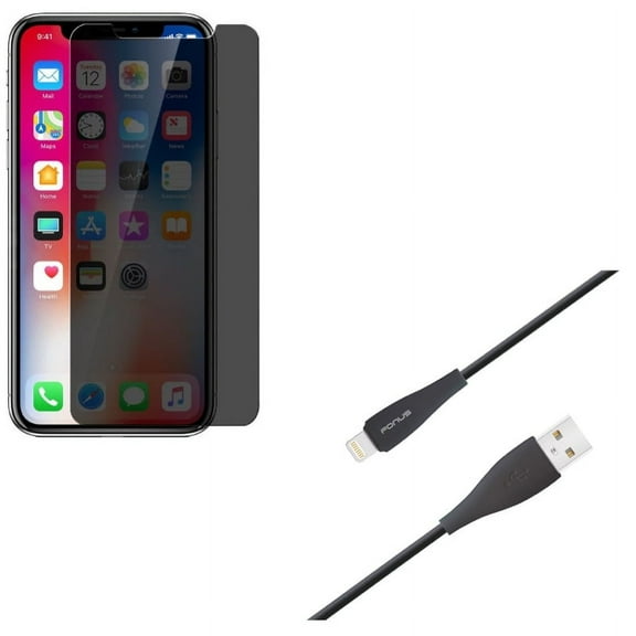 iPhone XS/X - Tempered Glass Privacy Screen Protector w Charger Cord 10ft USB Cable - Curved Anti-Spy Anti-Peep 3D Edge Case Friendly, Power Wire Long Sync Fast Charge Data