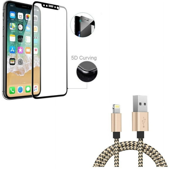 iPhone XS/X - Tempered Glass Screen Protector w 3ft USB Cable - 5D Touch Curved Edge Full Cover Bubble Free Case Friendly 9H Hardness, Charger Cord Power Wire Sync Braided