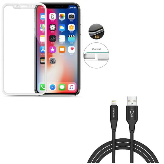 iPhone XS/X - Tempered Glass Screen Protector w Charger Cord 6ft USB Cable - 5D Touch Curved Edge Full Cover Bubble Free Case Friendly 9H Hardness, Power Wire Braided Long Sync Fast Charge