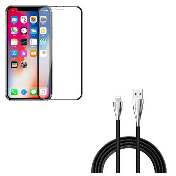 iPhone XS/X - Tempered Glass Screen Protector w Charger Cord 6ft USB Cable - 5D Touch Curved Edge Full Cover Bubble Free Case Friendly 9H Hardness, Power Wire Long Sync Fast Charge Data