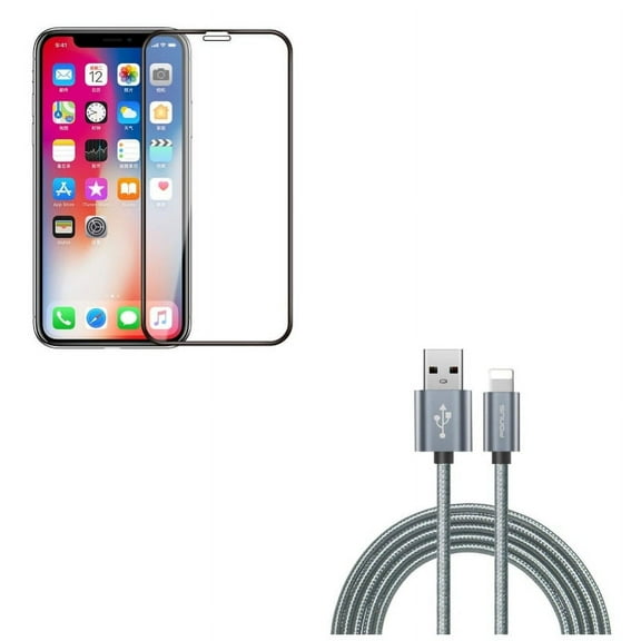 iPhone XS/X - Tempered Glass Screen Protector w Charger Cord 6ft USB Cable - 5D Touch Curved Edge Full Cover Bubble Free Case Friendly 9H Hardness, Power Wire Braided Long Sync Fast Charge