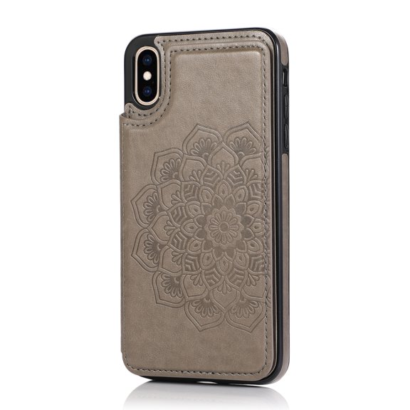 For iPhone XS/X Wallet Case Card Holder, Luxury Embossed Mandala PU Leather Back Flip Folio Case with Kickstand Magnetic Snap Closure, Shockproof Protective Phone Case,Gray