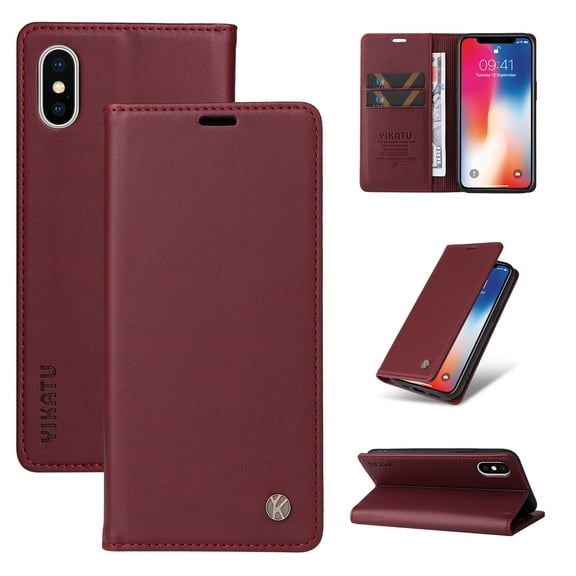 for iPhone XS / X Wallet Case with RFID Blocking Credit Card Holder,Classic Vegan PU Premium Leather Folio Magneitc Flip Kickstand Shockproof Cover for iPhone XS / X Phone case,Winered