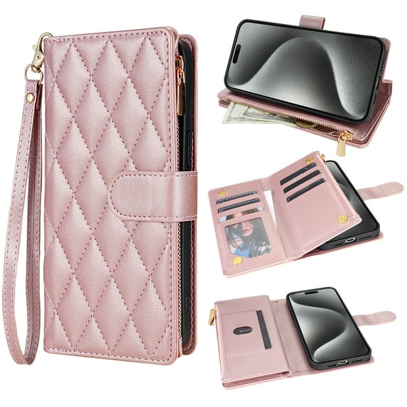 for iPhone XS/X Wallet Phone case with Card Holder,Phone case RFID Blocking PU Leather Flip Shockproof Cover with Hand Strap Zipper Credit Card Holder Slots for Women Men,Rosegold