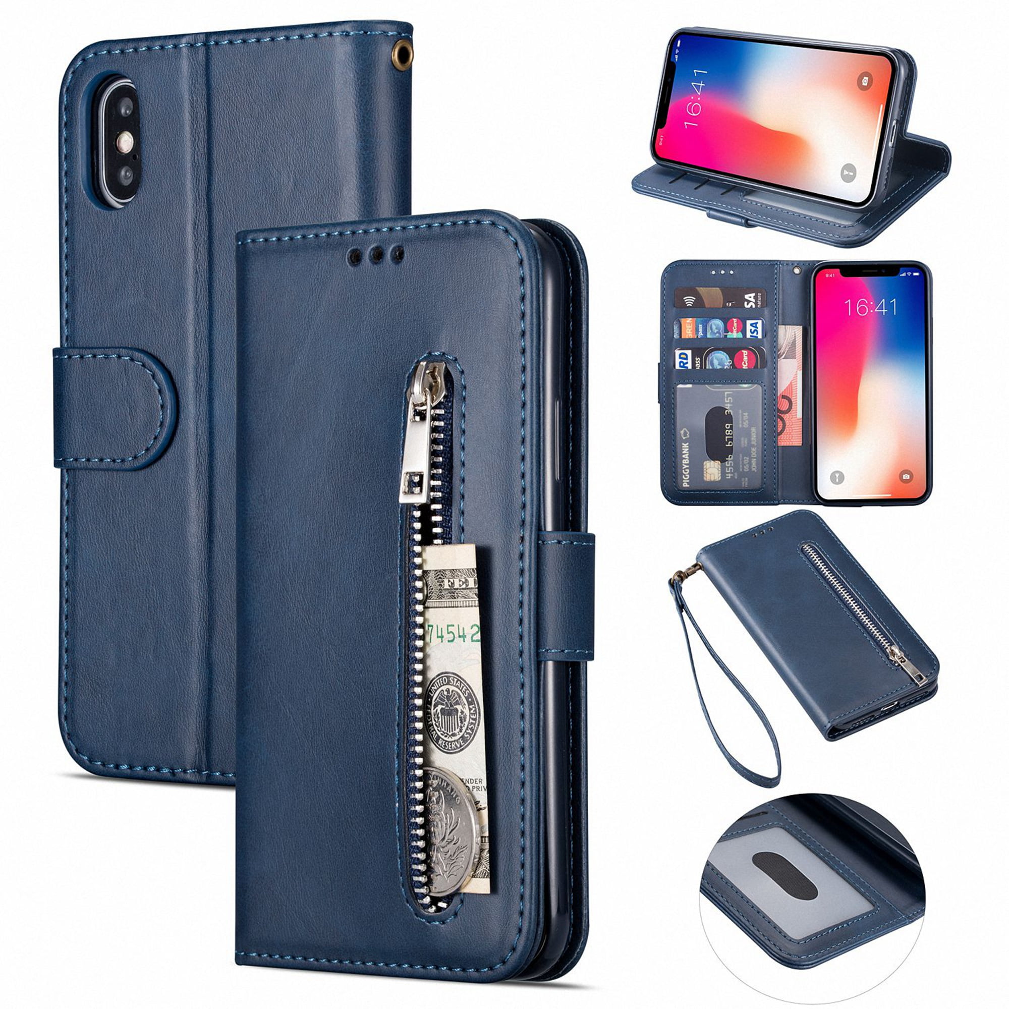  Ready to Ship Zipper Blue Napa Leather Travel Wallet for Apple  iPhone X, XS, XS Max, 8 Plus / 7 Plus / 6(s) Plus & Passport