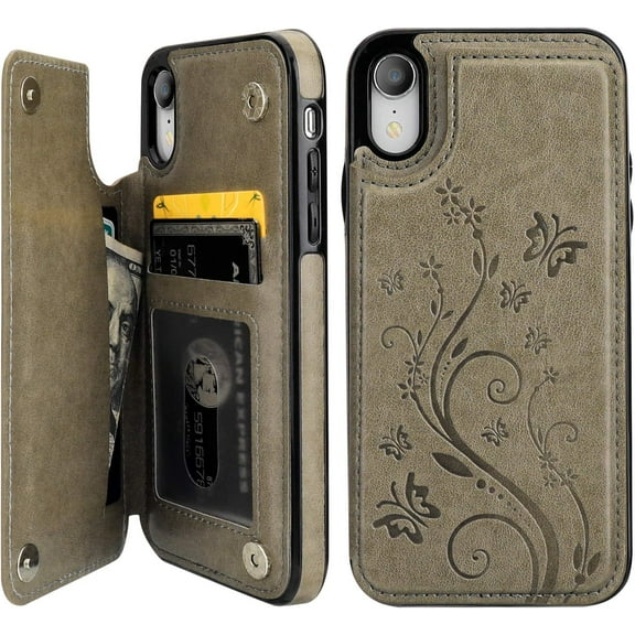 for iPhone Xr Case Wallet with Card Holder, Embossed Butterfly Premium PU Leather Double Magnetic Buttons Flip Shockproof Protective Case Cover for iPhone Xr (6.1", Gray)