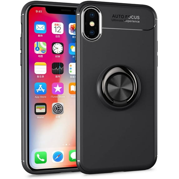 iPhone Xs Case,360 Degree Rotation Invisible Metal Ring Kickstand Protective Case Compatible Magnetic Car Mount Soft TPU Case Shockproof Anti-Scratch Ultra-Slim Cover,Black