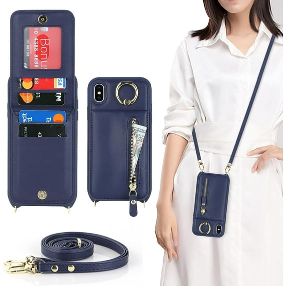 iPhone Xs Case for Women with Card Holder, iPhone Xs Phone Case with Strap,iPhone X Crossbody Lanyard Cases with Credit Card Slots Kickstand with Ring Holder Stand Case,5.8 Inch,Blue