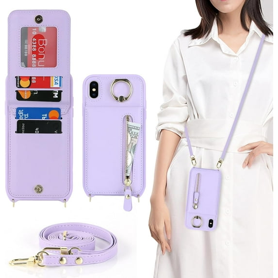 iPhone Xs Case for Women with Card Holder, iPhone Xs Phone Case with Strap,iPhone X Crossbody Lanyard Cases with Credit Card Slots Kickstand with Ring Holder Stand Case,5.8 Inch,Purple