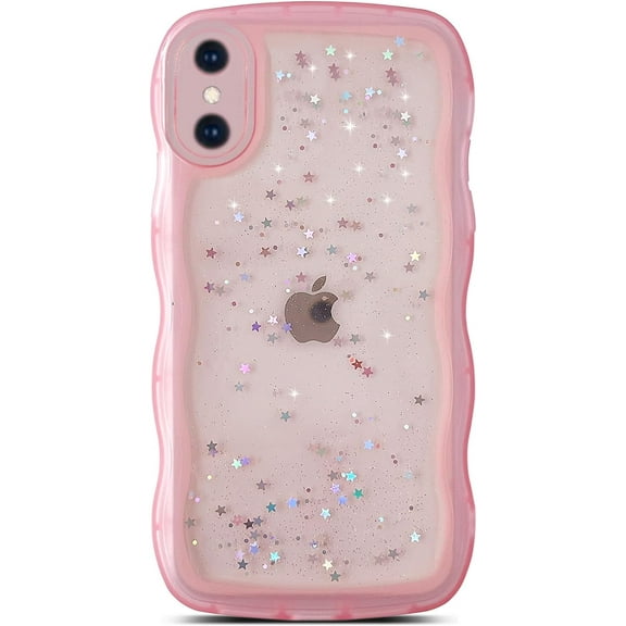 for iPhone Xs Case/for iPhone X Case 5.8" Curly Wave Edge Transparent Bling Glitter Star Shiny Case Cute Clear Transparent Full Protection Soft TPU Shockproof Phone Cover for Women Girls,Pink
