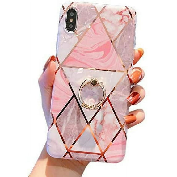 iPhone Xs Case,iPhone X Case Marble Cute Fashion for Women Girls Men with 360 Degree Rotating Ring Kickstand Soft TPU Shockproof Cover Designed for iPhone X/XS 5.8" Bling Pink Marble