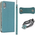 thumbnail image 1 of iPhone Xs Genuine Cowhide Leather Wallet Case,Headset Winder,Flip Folio Magnetic Closure,Card Holder Slots,Kickstand,Cash Pockets Wrist Strap Cover Case for iPhone X,5.8",Light Blue, 1 of 17