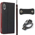 thumbnail image 1 of iPhone Xs Genuine Cowhide Leather Wallet Case,Headset Winder,Flip Folio Magnetic Closure,Card Holder Slots,Kickstand,Cash Pockets Wrist Strap Cover Case for iPhone X,5.8",Black, 1 of 9