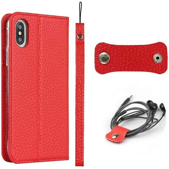iPhone Xs Genuine Cowhide Leather Wallet Case,Headset Winder,Flip Folio Magnetic Closure,Card Holder Slots,Kickstand,Cash Pockets Wrist Strap Cover Case for iPhone X,5.8",Red