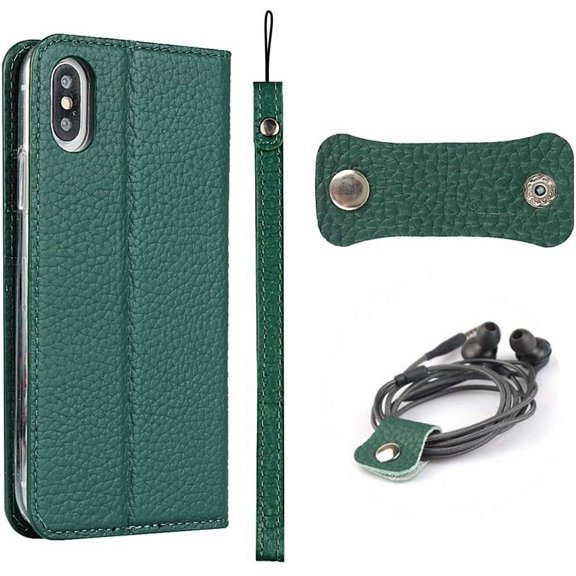 iPhone Xs Genuine Cowhide Leather Wallet Case,Headset Winder,Flip Folio Magnetic Closure,Card Holder Slots,Kickstand,Cash Pockets Wrist Strap Cover Case for iPhone X,5.8",Deep Green