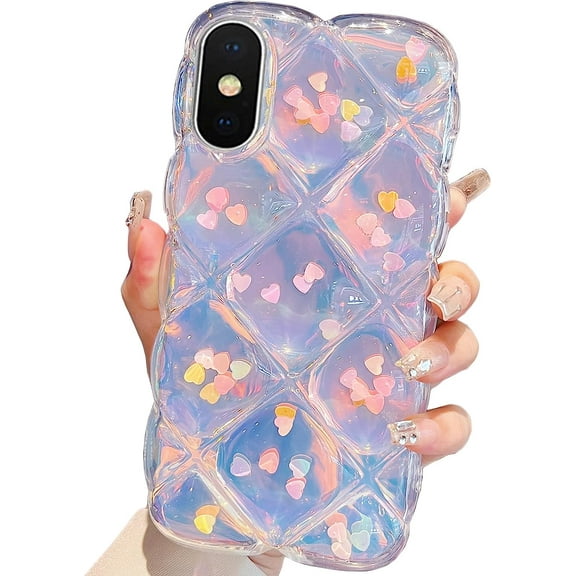 for iPhone Xs Max Case 6.5",Cute Laser Gradual Bling Love Heart Glitter Clear+Translucent Card Soft Wave Frame Anti-Falling 3D Thick Shockproof Phone Cover for Women(for Xs Max 6.5")