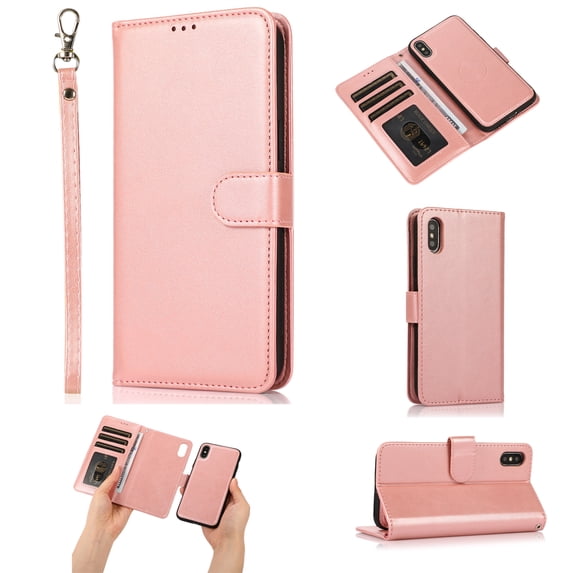 iPhone Xs Max Case with Card Slots, Allytech Detachable Case Support Magnetic Car Mount Case with Lanyard Wallet Vegan Leather Shockproof Stand Case for iPhone XS Max 2018(6.5"), Rosegold