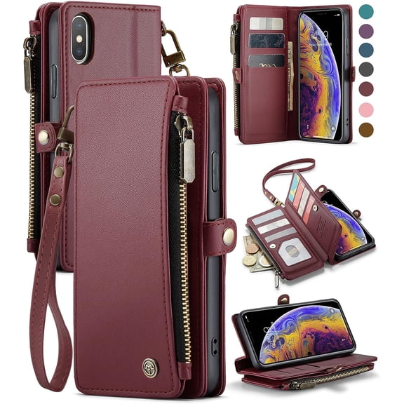 for iPhone Xs Max Case, RFID Blocking for iPhone Xs Max Wallet Case for Women and Men with Card Holder Zipper Wrist Strap PU Leather Protective Phone Case Wallet for iPhone Xs Max, Wine Red