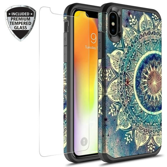 iPhone Xs Max Case With Tempered Glass Screen Protector, KAESAR Slim Hybrid Dual Layer Graphic Fashion Colorful Cover Armor Case for Apple iPhone X S Max (Green Mandala)